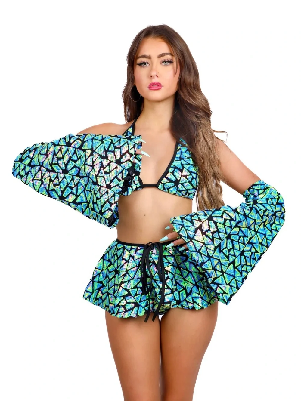 The Lumi Shop. Festival Green Mosaic Triangle Bikini Set with Flared Mini Skirt